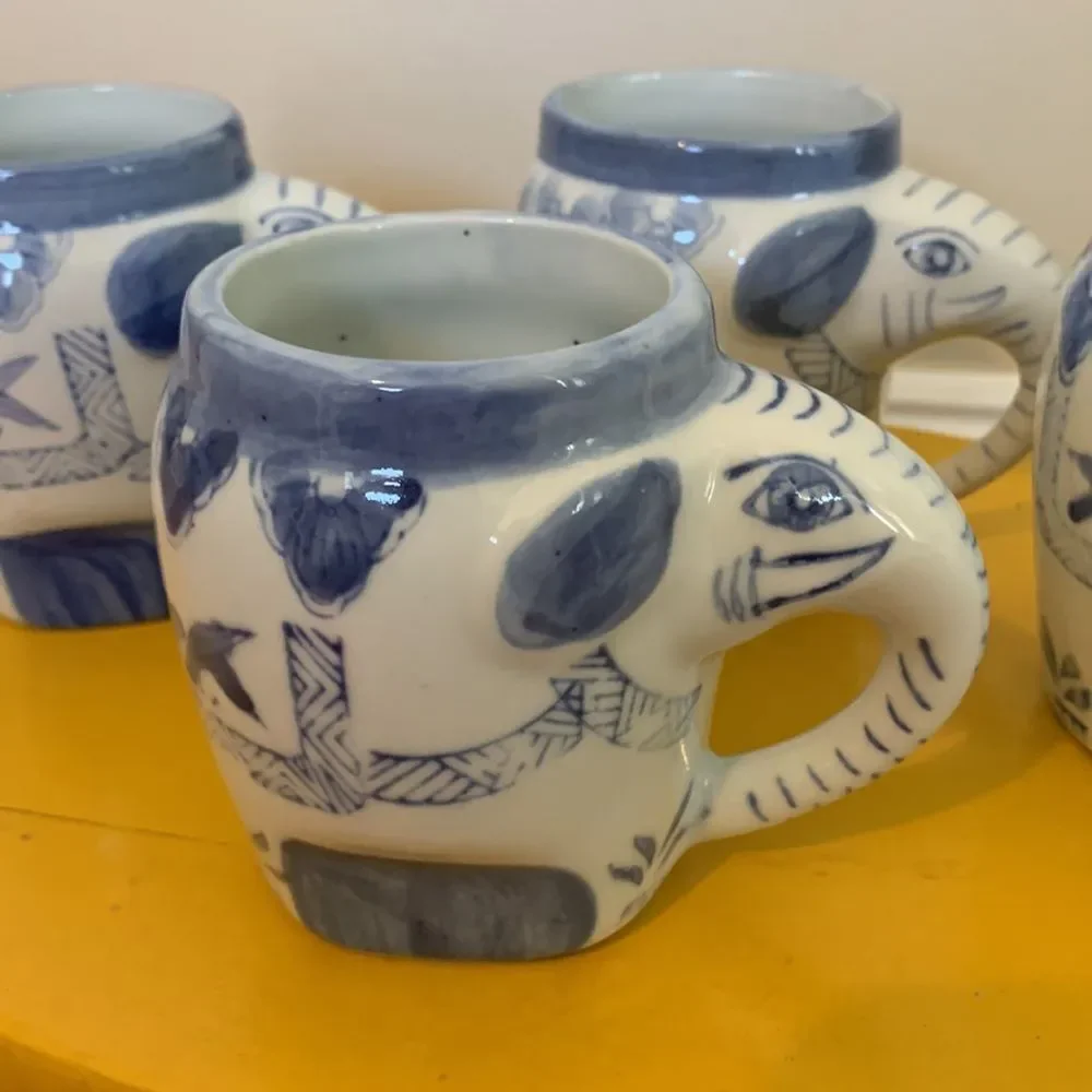 Blue and White Elephant Ceramic Mugs set of 4: pier 1